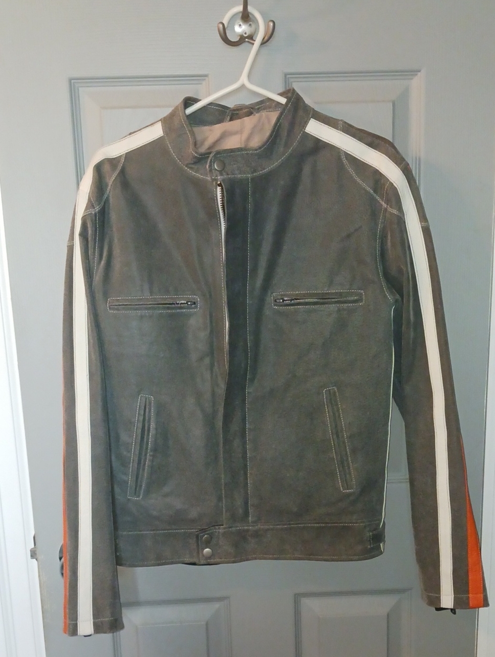Danier Black Leather Bomber Jacket with White & Orange Sleeve Stripes